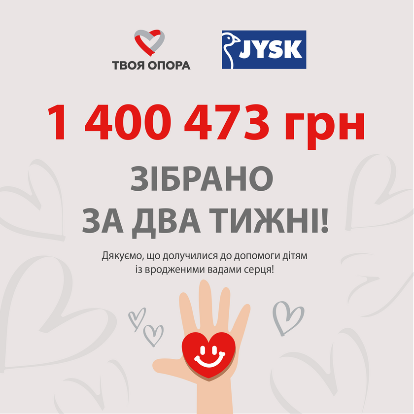 1,4 мільйона гривень на порятунок дитячих сердець: результати спільної ініціативи благодійного фонду ТВОЯ ОПОРА та JYSK 